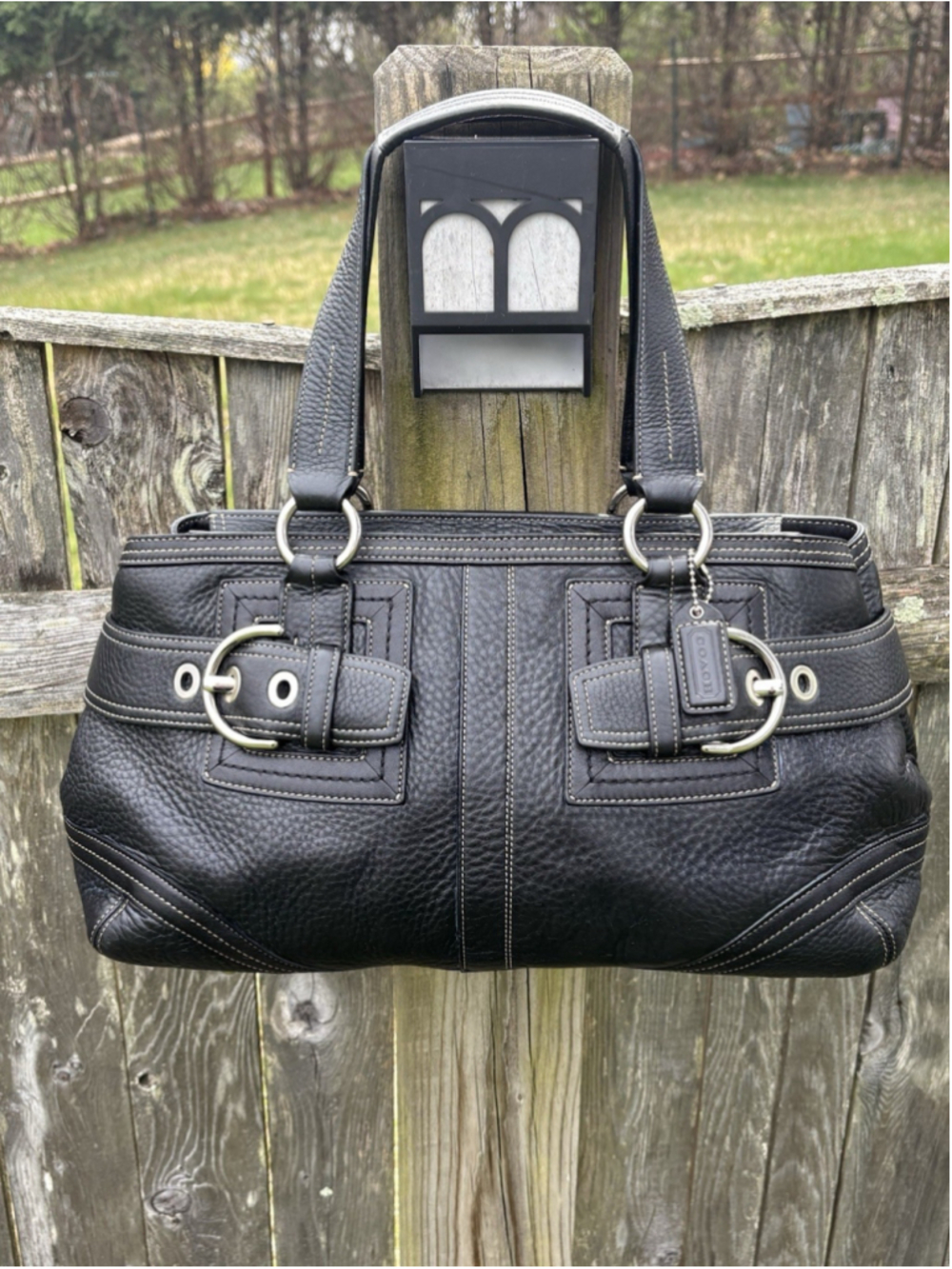 Vintage Y2K Coach Hampton black leather Silver Buckles Baguette Bag